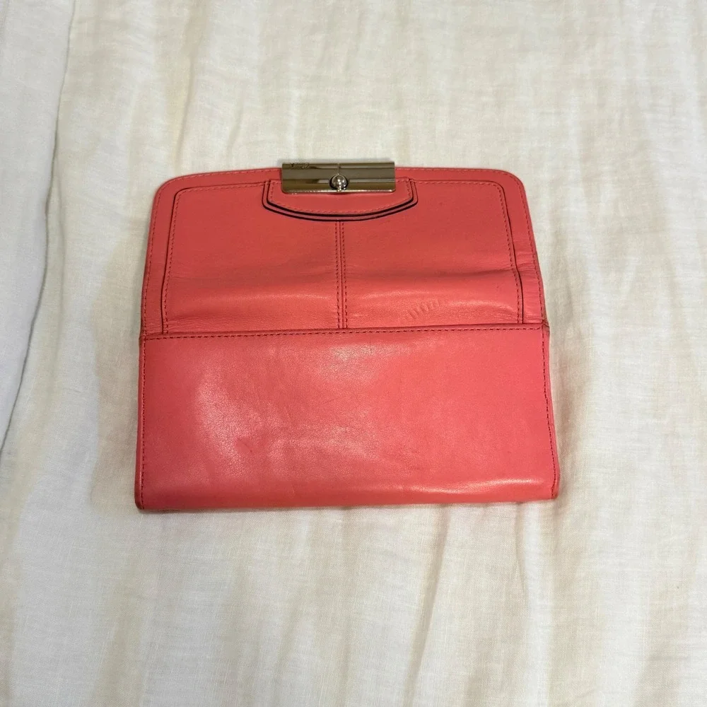Coach Coral Pink Leather Slim Envelope Turnlock Wallet Silver Hardware
